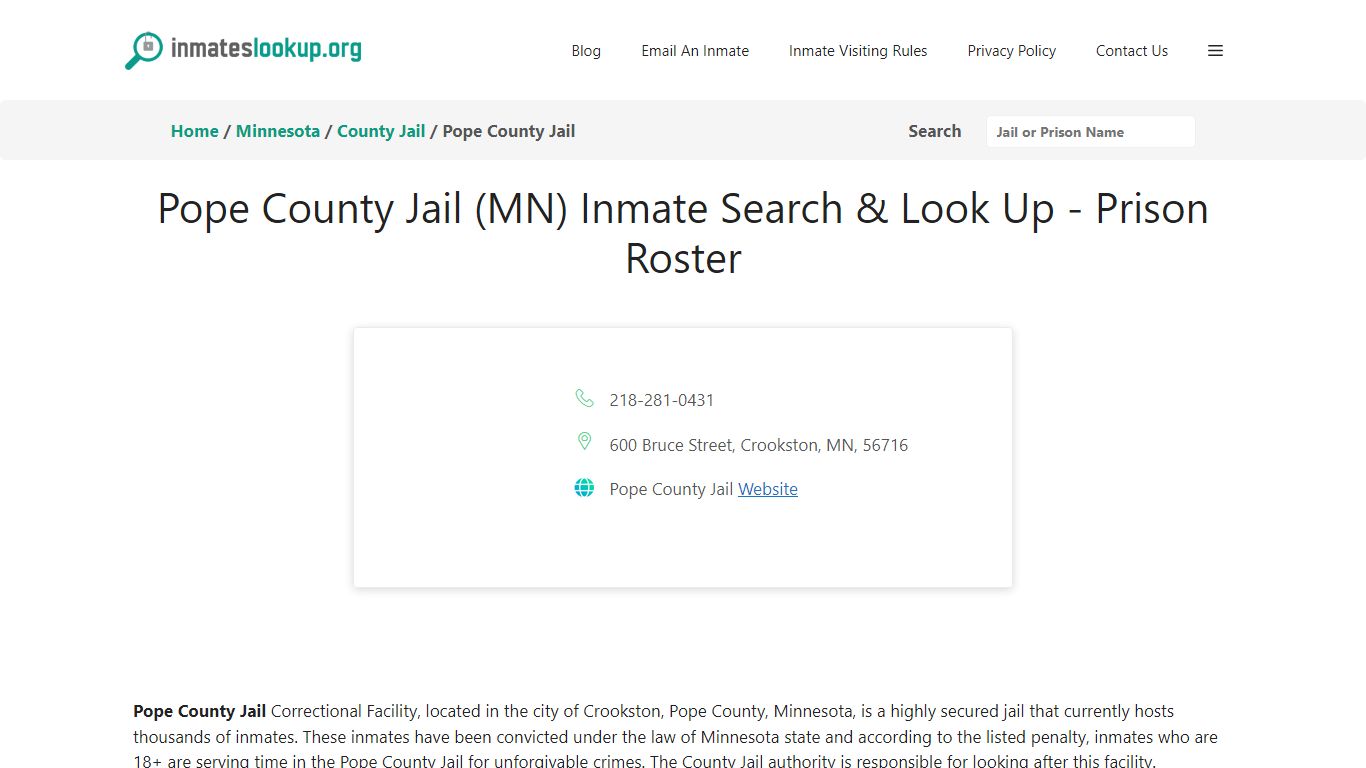 Pope County Jail (MN) Inmate Search & Look Up - Prison Roster